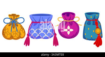Orientalische traditionelle Glücksgeldtasche. Chinesischer Beutel Vektor Illustration Set - dekorative Säcke mit Quasten, Knoten, Muster für Mondneujahrsgeschenk, Frühlingsfest Überraschungsdesign verziert. Stock Vektor
