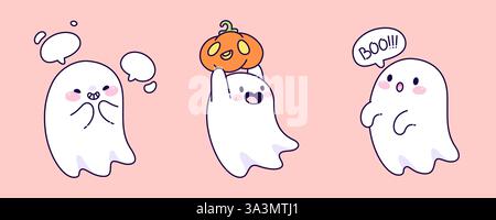 Kawaii-Geisterfiguren mit niedlichen Gesichtern - rötende Wangen mit leeren Sprechblasen, Kürbislaterne in der Hand, Angst vor Buh-Wolke. Comic lustige Halloween-Illustration von verspielten gruseligen Geistern. Stock Vektor