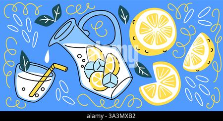 Getränkedodel-Set - Glas und Krug mit erfrischendem Limonadengetränk im Sommer mit süßen gelben Scheiben, saftigen halben Früchten und ganzen Zitronen, Eis und Minzblättern. Handgezeichnete Zeichentrick-Zitrus-Illustration. Stock Vektor