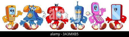 Retro-Zeichentrickfiguren - lächelnde Smartphones, Festnetztelefone mit Armen, Beine auf Turnschuhen. Altmodische mobile und schnurgebundene Heimgeräte aus den 90er Jahren Humorvolle Maskottchen, Emoticons-Sammlung Stock Vektor