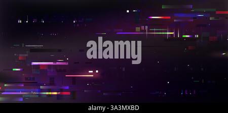 Hintergrund mit Pixel-Glitcheffekt – farbenfrohes verzerrtes digitales Rauschen, zufällige horizontale Linien, Streifen, Blöcke. Futuristisches Retro-Design, abstrakte, vereinzelte Textur für Webseiten. Neonfarben auf Dunkelheit. Stock Vektor