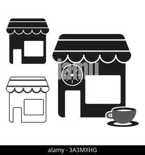 Cafe mit Uhr. Storefront-Symbol. Symbol für die Café-Bar. Business Signage. Stock Vektor