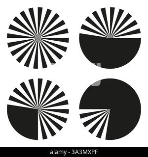 Geometrische Kreisdiagramme. Symbole für kreisförmige Segmente. Abstrakte schwarze Grafiken. Vektor-Geschäftsformen. Stock Vektor