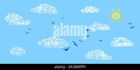 Niedlicher bewölkter Himmel mit gelber Sonne und Silhouette einer Vogelschar. Abstrakter navi-Hintergrund, Element der Kindergarten-Schlafzimmerdekoration. Vektor Stock Vektor