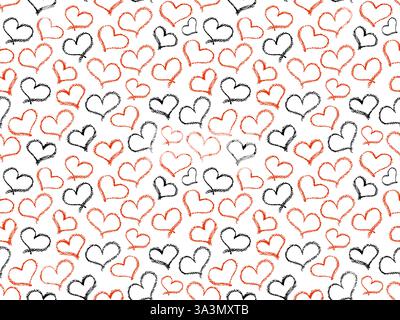 Nahtloses Herzmuster. Rote und schwarze Buntstifte streichen Liebessymbole im Doodle-Stil. Ornament von handgezeichneten Kinderherzen-Elementen. Farbenfrohe Graffiti Stock Vektor
