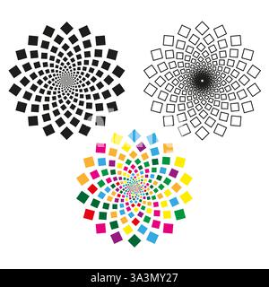 Spiralförmige geometrische Formen. Rotierendes quadratisches Muster. Farbenfrohes abstraktes Design. Vektor-Illusionseffekt. Stock Vektor