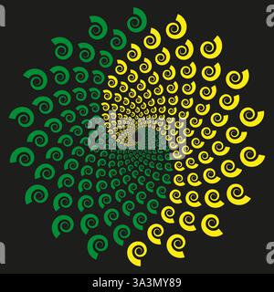 Grüne gelbe Spirale. Das optische Täuschungsmuster. Drehende Fraktalform. Schwarzer Hintergrund. Stock Vektor
