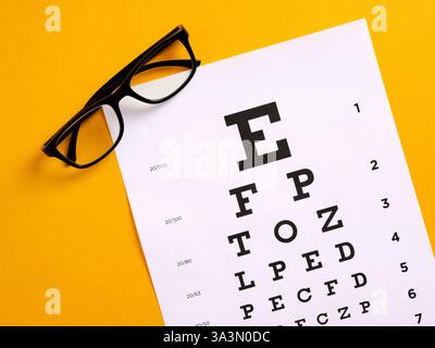 Augenuntersuchungstabelle und Brille auf gelbem Hintergrund, die gutes Sehvermögen und gute Augengesundheit repräsentieren Stockfoto
