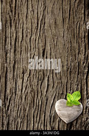 Vertikales Banner mit Holzherz auf Baumrinde. Ökologie, globale Wildtierressourcen, Öko, umweltfreundlich, Waldschutzkonzept. Umwelt und Umweltschutz Stockfoto
