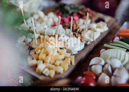 Eine wunderschön gestaltete Auswahl an handwerklichem Käse auf einem Bett aus frischem Rosmarin und grünen Blättern. Die Sorte umfasst Hart- und Weichkäse Stockfoto