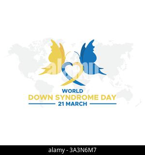 World Down Syndrome Day. 21. märz Welt-Down-Syndrom-Tag. World Down Syndrome Day. März. Gelbes und blaues Handflächenschild. Weißer Hintergrund. Eps 10. Stock Vektor