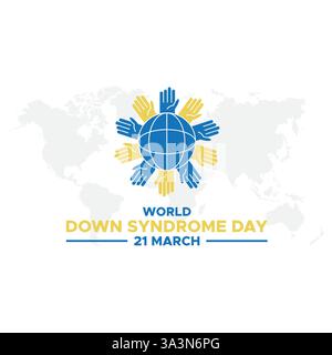 World Down Syndrome Day. 21. märz Welt-Down-Syndrom-Tag. World Down Syndrome Day. März. Gelbes und blaues Handflächenschild. Weißer Hintergrund. Eps 10. Stock Vektor