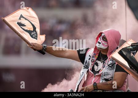 Los Angeles, Usa. März 2025. Angel City FC-Fans feiern am Sonntag, den 16. März 2025, im BMO Stadium in Los Angeles, CA. Angel City, im Spiel mit San Diego, bei einem NWSL-Spiel zwischen dem Angel City FC und dem San Diego Wave FC. (Jon Endow/Image of Sport) Credit: Image of Sport /Alamy Live News Stockfoto