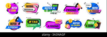 Vektorsatz für Empfehlungsabzeichen. Aufkleber für Empfehlungsprogramme oder Sprechblasen mit Smartphone-, Lautsprecher-, Tag- und Megaphon-Symbolen. Marketing-Design-Etiketten, Schilder für Werbung oder Geschäftsnetzwerke Stock Vektor
