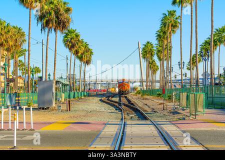 San Diego, Kalifornien - 14. Januar 2025: Sonniger Blick vom Santa Fe Depot aus, auf dem ein Zug auf Palmen gesäumten Gleisen fährt. Die Vibran Stockfoto