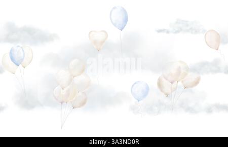 Hellblaue und beige Luftballons in flauschigen Wolken. Digitale Illustration mit Aquarell. Nahtloser horizontaler Rand isoliert auf weißem Hintergrund. Für holi Stockfoto