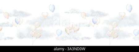 Hellblaue und beige Luftballons in flauschigen Wolken. Digitale Illustration mit Aquarell. Nahtloser horizontaler Rand isoliert auf weißem Hintergrund. Für holi Stockfoto