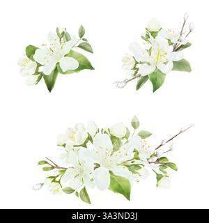 Weiße Blüten mit zarten Knospen und Frühlingszweige mit Blättern in einem Blumenstrauß. Digitale Illustration mit Aquarell. Blühende Kirsche und Weide isoliert auf Stockfoto