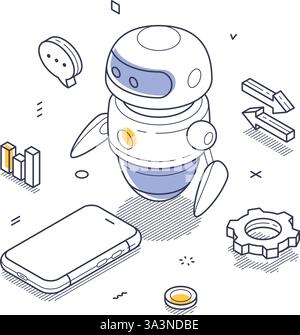 KI-Chat-Bot umgeben von Symbolen wie einem Smartphone, Diagrammen und Einstellungssymbolen. Das Design repräsentiert digitale Kommunikation und Technologie. Modern ist Stock Vektor