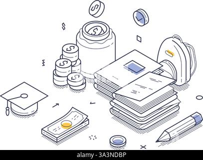 "Investitionen in das Bildungskonzept". Bücher, Geld, eine Abschlusskappe und ein Rucksack symbolisieren das finanzielle Engagement für Lernen und akademischen Erfolg Stock Vektor