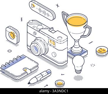 Verschiedene Elemente, die für die Inhaltserstellung in isometrischen Strichbildern wesentlich sind. Eine Kamera, Trophäe, eine Glühbirne, ein Notizblock und ein Stift zeigen den kreativen Prozess und Stock Vektor