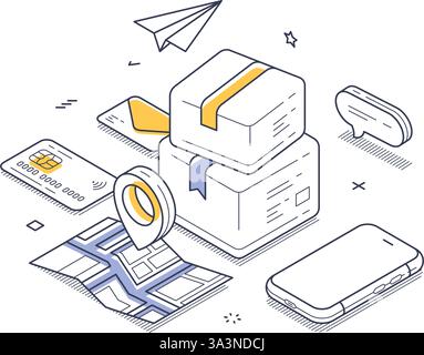Die isometrische Strichgrafik zeigt Elemente der Lieferverfolgung, darunter Kartons, eine Karte, ein Smartphone und eine Zahlungskarte. Das Design betont Stock Vektor