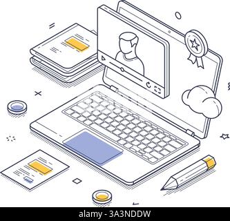 Detaillierte isometrische Strichbilder zeigen eine Online-Lernumgebung mit einem Laptop, der eine Videostunde zeigt. Moderne Vektorillustration Stock Vektor