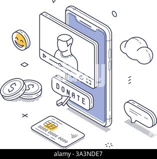 Isometrische Liniengrafik, die ein Smartphone mit Spendenschnittstelle zeigt. Umliegende Elemente umfassen Münzen und emotionale Symbole, die Unterstützung und Energie symbolisieren Stock Vektor