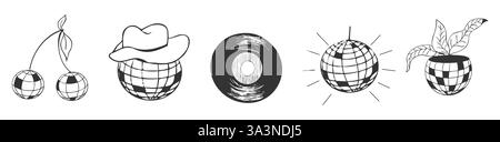 Disco Ball Doodle Line Tattoo y2k Coquette trendiges grooviges Dekorationsset. Handgezeichnete Designelemente im Retro-Stil für Tanzpartys. Discokugel, Blumentopf, Vinyl mit Sternen, Skizze. Vektorabbildung Stock Vektor