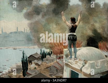 Szene aus Francois Rabelais Gargantua und Pantagruel von Jules Garnier. Kapitel 2.XIV. – Wie Panurge die Art und Weise, wie er aus den Händen der Türken entkam, in Beziehung setzte. Ich drehte mich um, genau wie Lots Frau, und rückblickend sah ich die ganze Stadt in einem hellen Feuer brennen, worüber ich so froh war, dass ich mich fast vor Freude benahmt hatte. Stockfoto