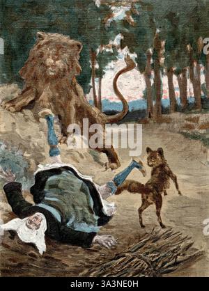 Szene aus Francois Rabelais Gargantua und Pantagruel von Jules Garnier. Kapitel 2.XV Wie Panurge eine ganz neue Art und Weise zeigte, die Mauern von Paris zu bauen. O arme Frau, wer hat dich so verwundet? Stockfoto