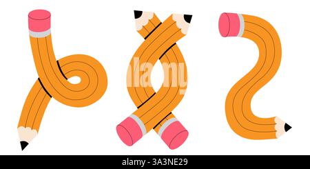 Stifte setzen Vektor-Illustration. Gedrehter flexibler gelber einfacher Bleistift in verschiedenen Formen wie Herz, Knoten, Häkchen, Biegen, Kritzeln. Zurück zu Stock Vektor