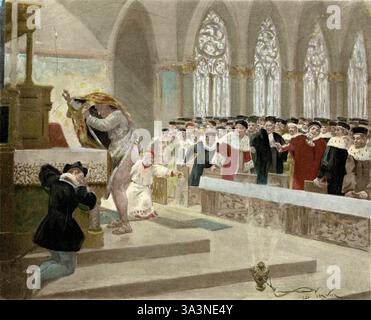 Szene aus Francois Rabelais Gargantua und Pantagruel von Jules Garnier. Buch 2. Kapitel XVI.- über die Qualitäten und Bedingungen von Panurge. Die schlechte Fritteuse... Er hat sich sowohl mit seinem Rock als auch mit seinem Hemd abgeholt Stockfoto