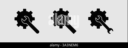 Getriebe mit schwarzem Vektor-Symbol mit Schraubenschlüssel. Zahnrad- und Schraubenschlüsselsymbol. Stock Vektor