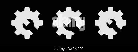 Getriebe mit schwarzem Vektor-Symbol mit Schraubenschlüssel. Zahnrad- und Schraubenschlüsselsymbol. Stock Vektor