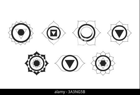 Sieben Chakra-Symbole 2D-Linienobjekte Stock Vektor