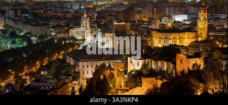 Panoramablick auf die Stadt Malaga, Blick auf die Kathedrale und das Stadtzentrum von Gibralfaro bei Nacht Stockfoto