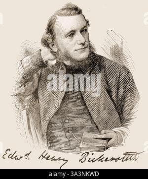 Ein Stich des Bischofs Edward Henry Bickersteth (1825–1906) aus dem 19. Jahrhundert mit Unterschrift. Er wurde Bischof von Exeter und besuchte Japan und anderswo als Missionar. Er überlebte das Mino-Owari-Erdbeben in Osaka am 28. Oktober 1891. Er war ein versierter Dichter und gab viele Hymnen heraus Stockfoto
