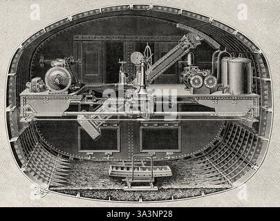 Paris Metropolitan Railway. Die Maschine zum Verlegen von Segmenten, A. Pitre System. Ansicht im Keller, die die Rückseite des Schildes und die in Betrieb befindliche Segmentverlegemaschine zeigt. Alte Kupferstichzeichnung aus dem 19. Jahrhundert von Louis Poyet (1846 - 1913) aus La Nature 1907 Stockfoto