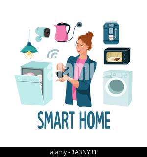 Smart-Home-Technologie-Konzept. Eine Frau steuert die Geräte im Haus aus der Ferne. Illustration des flachen Vektors auf weißem Hintergrund isoliert Stock Vektor