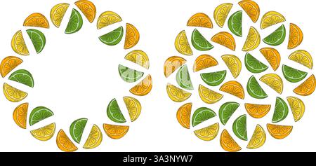 ZitronenLimette orange Schichten Kreisrahmen und runde Hintergrundvorlage Kopierraum Ideenset 2. Isolierte Vektor-Illustration thematische Karten, Poster, Etiketten oder Web-Promo-Broschüren, Banner, Preisschild Stock Vektor