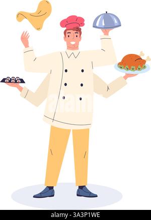 Multitasking-Koch. Zeichentrickfilm beschäftigter Chef Charakter mehrere Hände mit Lebensmittelzutaten, talentiertes Restaurant Küche Meister Ernährung Rezepte Konzept Vektor Illustration Original Kunstwerk Stock Vektor