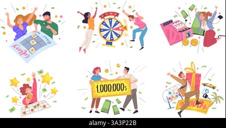 Lottosieger. Glückliche Leute ziehen Glücksspiel, Gewinnspiel gewinnen Casino Preis Glücksrad Gewinner mit Geld Scheck finanzielle Überraschung loto Million Geschenk Klasse Vektor Illustration Original Kunstwerk Stock Vektor