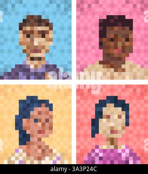 Zensiertes Gesicht. Anonyme Person Pixel verschwommen Porträt, tv-Mosaik Versteck Zeichen unbekannter Mann oder Frau Zensur Unschärfe Inhalt Video Anruf Bildschirm Spiel Avatar, klassische Vektor Illustration Original Artwork Stock Vektor