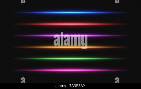 Neonlicht. Strahl mit Laser-Glow-Effekt. LED-Streifenteiler. Satz von Vektor-fluoreszierenden horizontalen Sticks isoliert auf schwarzem Hintergrund. Stock Vektor