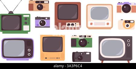 Retro-Fernseher. Vintage-Kamera und fernseher, digitales Home Entertainment-Zubehör. Stilvolle flache Technik 80er Jahre 90er Jahre Ikonen, Hipster Elements Vektor-Set Stock Vektor