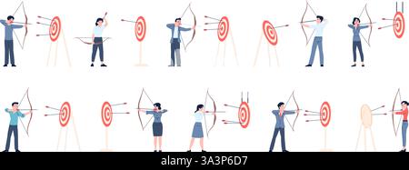 Geschäftsleute schießen Ziele. Bürofiguren, Männer Frauen in Kostümen mit Bögen und Pfeilen. Leistung und Ziel in der Karriere, aktuelle Vektorsätze Stock Vektor
