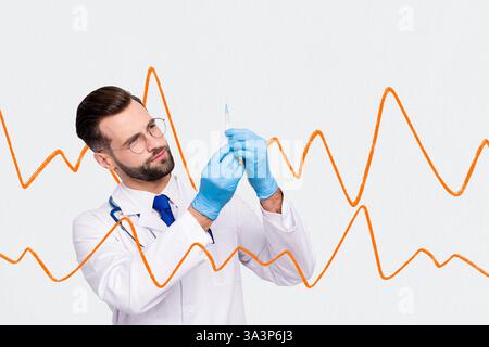 Composite Trendy Magazin Fotocollage von Serious Doctor Hold Spritzeninjektion Coronavirus Behandlung Herzschlag Herzschlag Stockfoto