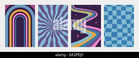 Abstrakte Groovy-Hintergründe. Set von psychedelischen Retro-Mustern in blauen Farben. Trendige, wellenförmige und karierte Vektorstruktur im abstrakten y2k-Stil Stock Vektor