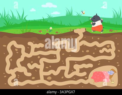 Puzzle mit Maulwurf. Kinderspielplatz mit unterirdischen Straßen und wildem Nagetierloch mit Bett. Helfen Sie Tieren, den richtigen Weg nach Hause zu finden, heute Vektor Stock Vektor
